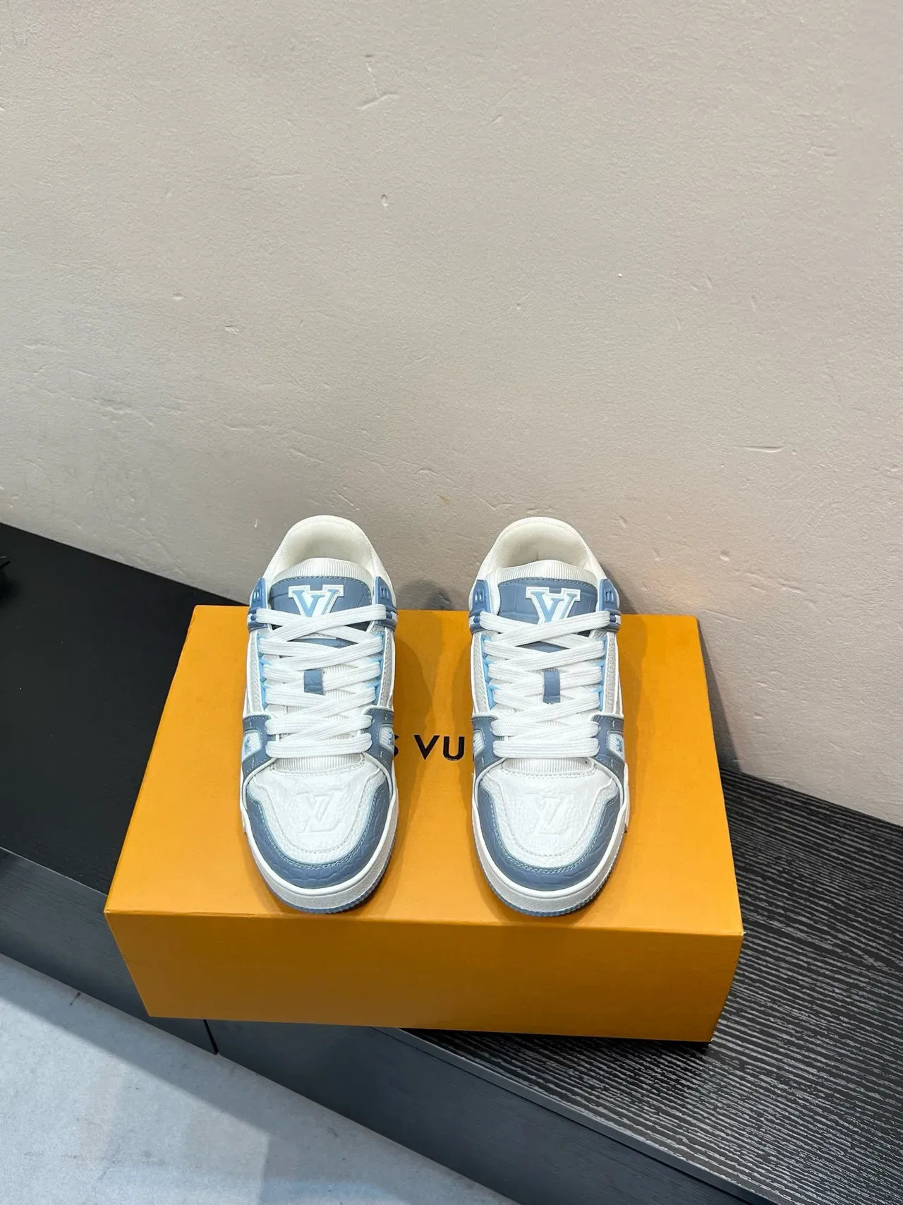 Louis Vuitton LV Trainer White Blue Embossed Monogram Leather Layered Cage Lifestyle Sneakers 2
