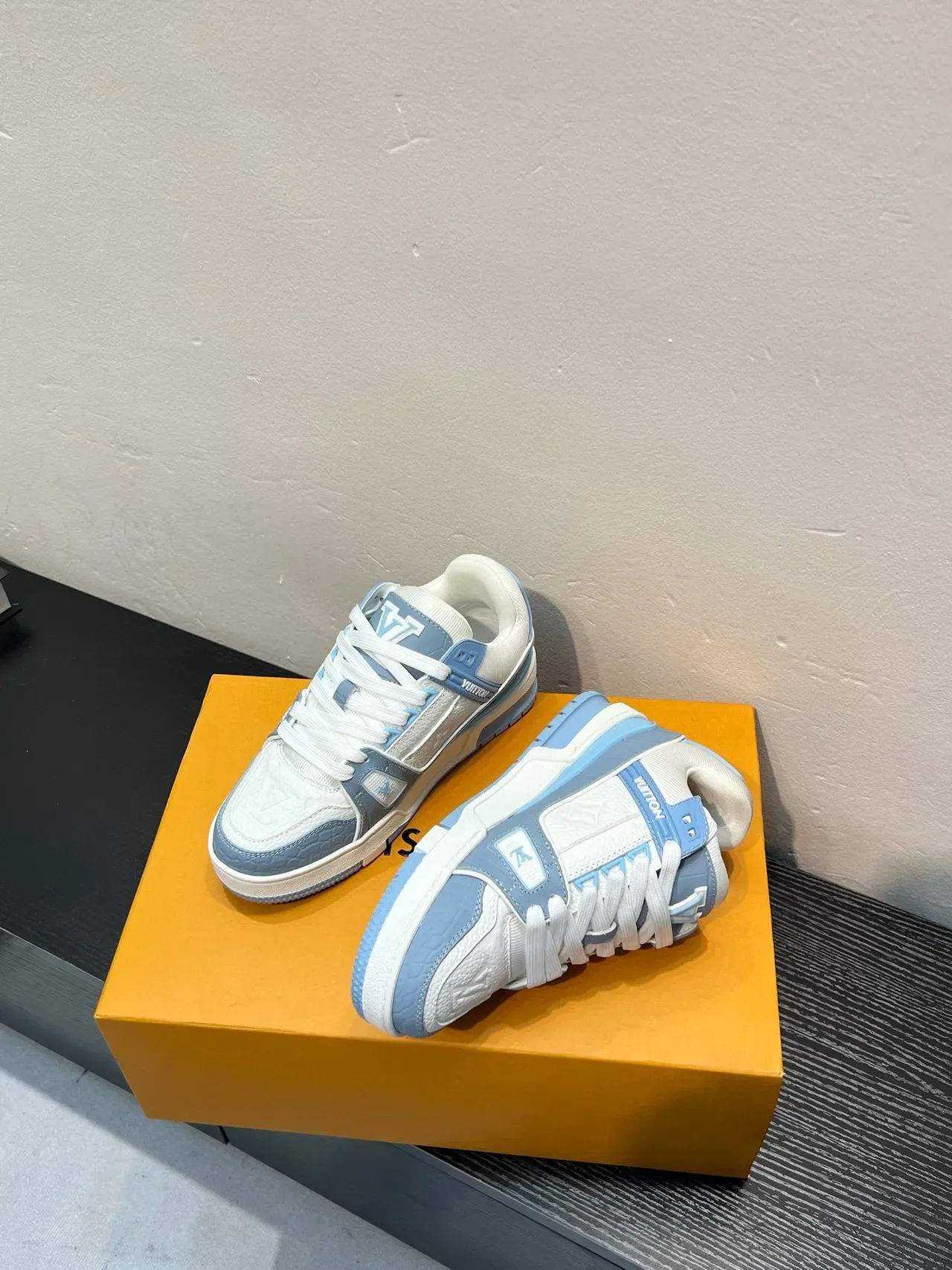 Louis Vuitton LV Trainer White Blue Embossed Monogram Leather Layered Cage Lifestyle Sneakers 3