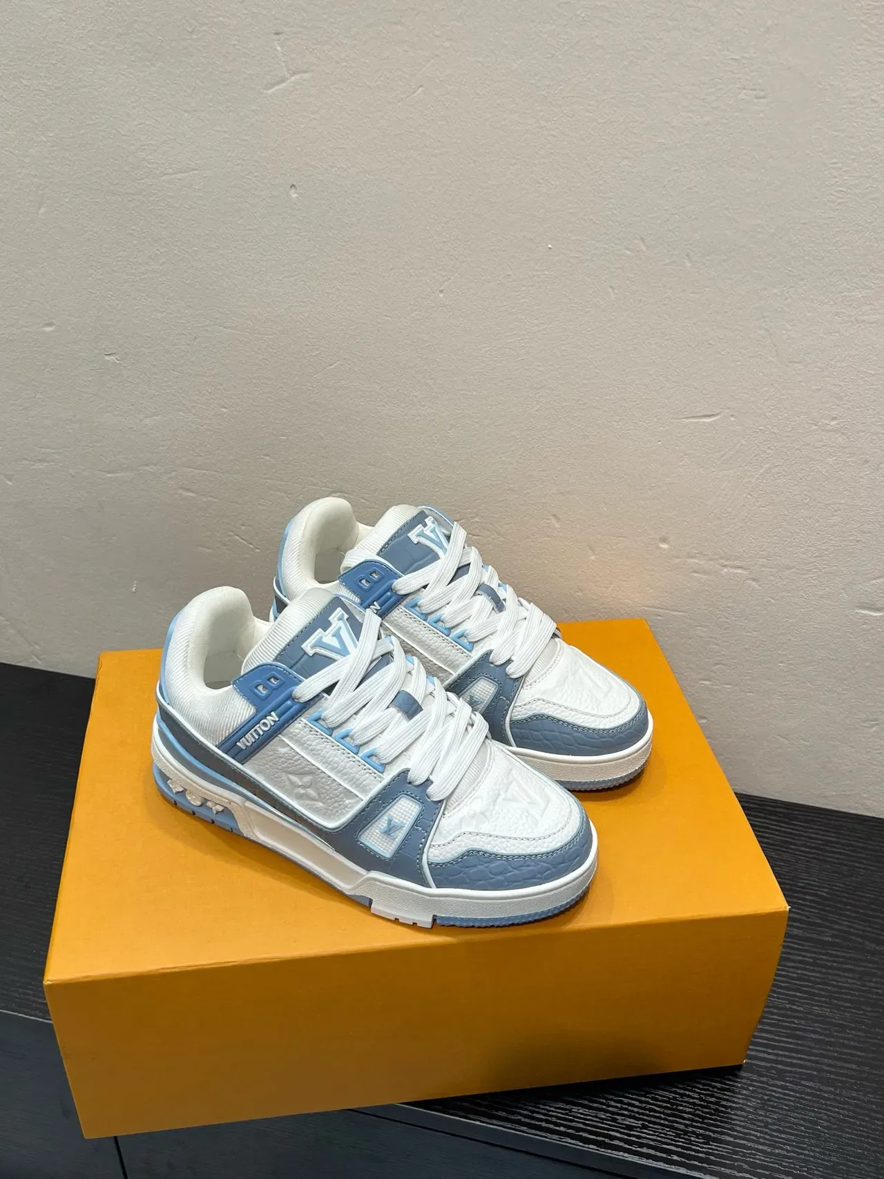 Louis Vuitton LV Trainer White Blue Embossed Monogram Leather Layered Cage Lifestyle Sneakers 4