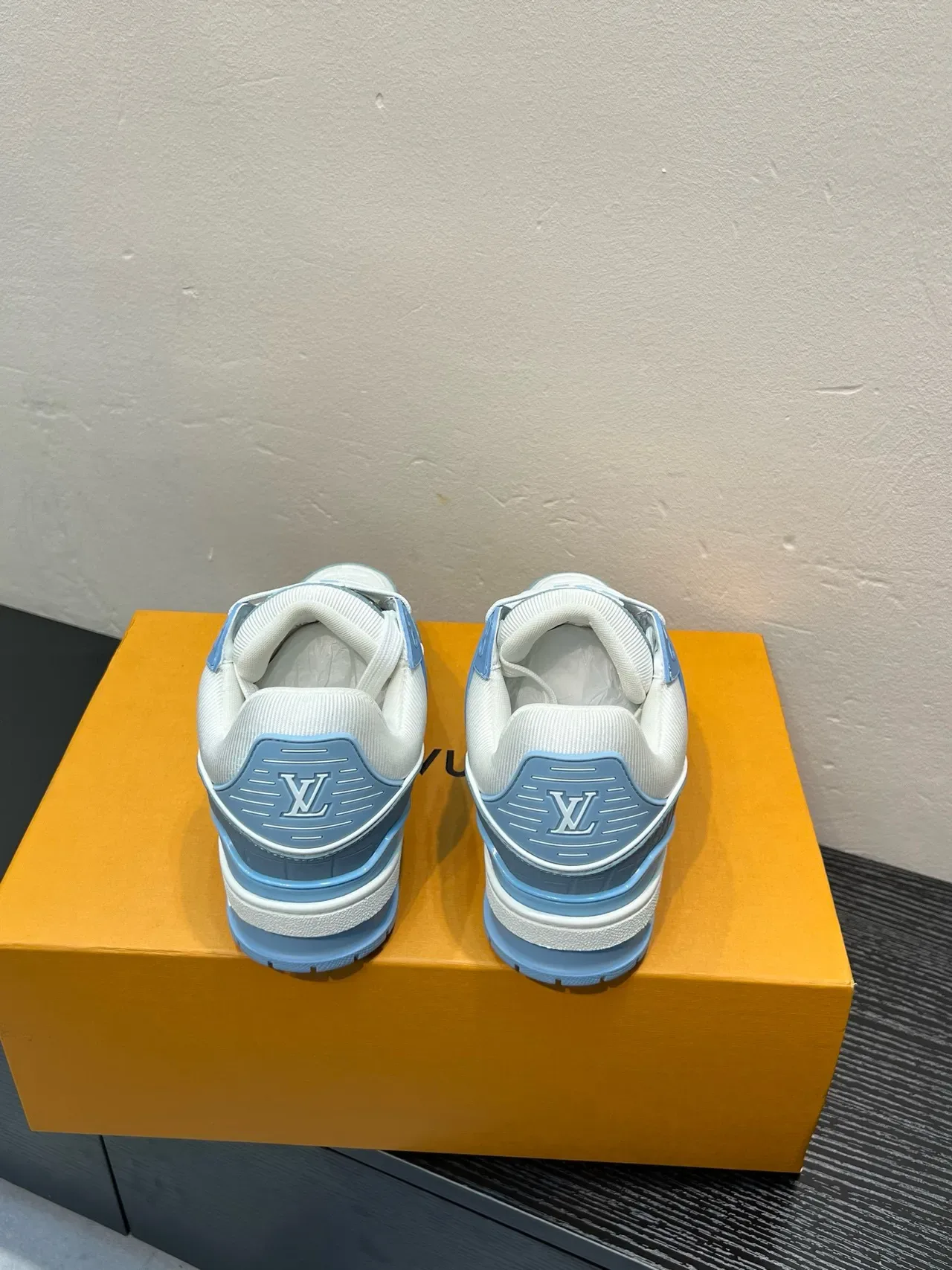 Louis Vuitton LV Trainer White Blue Embossed Monogram Leather Layered Cage Lifestyle Sneakers 5