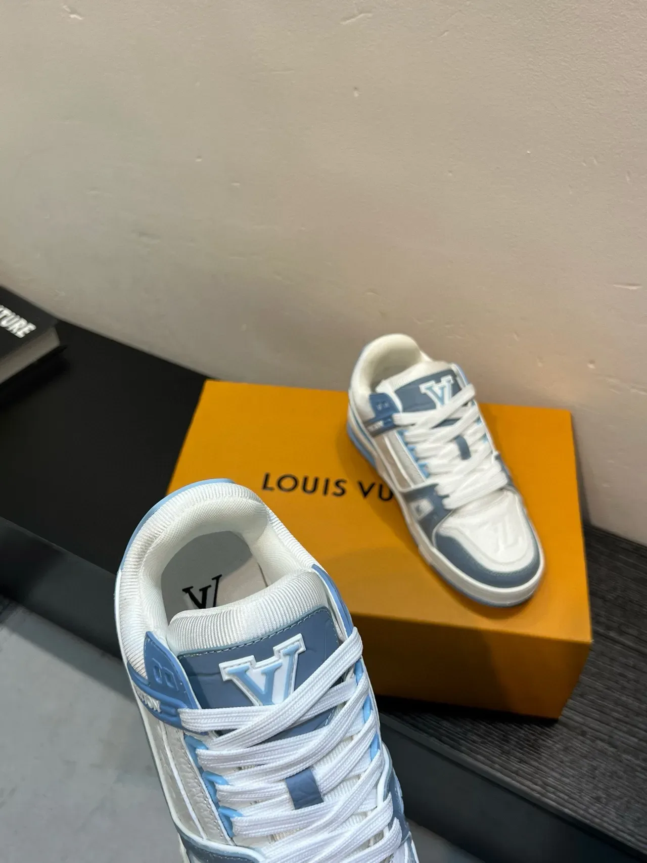 Louis Vuitton LV Trainer White Blue Embossed Monogram Leather Layered Cage Lifestyle Sneakers 6