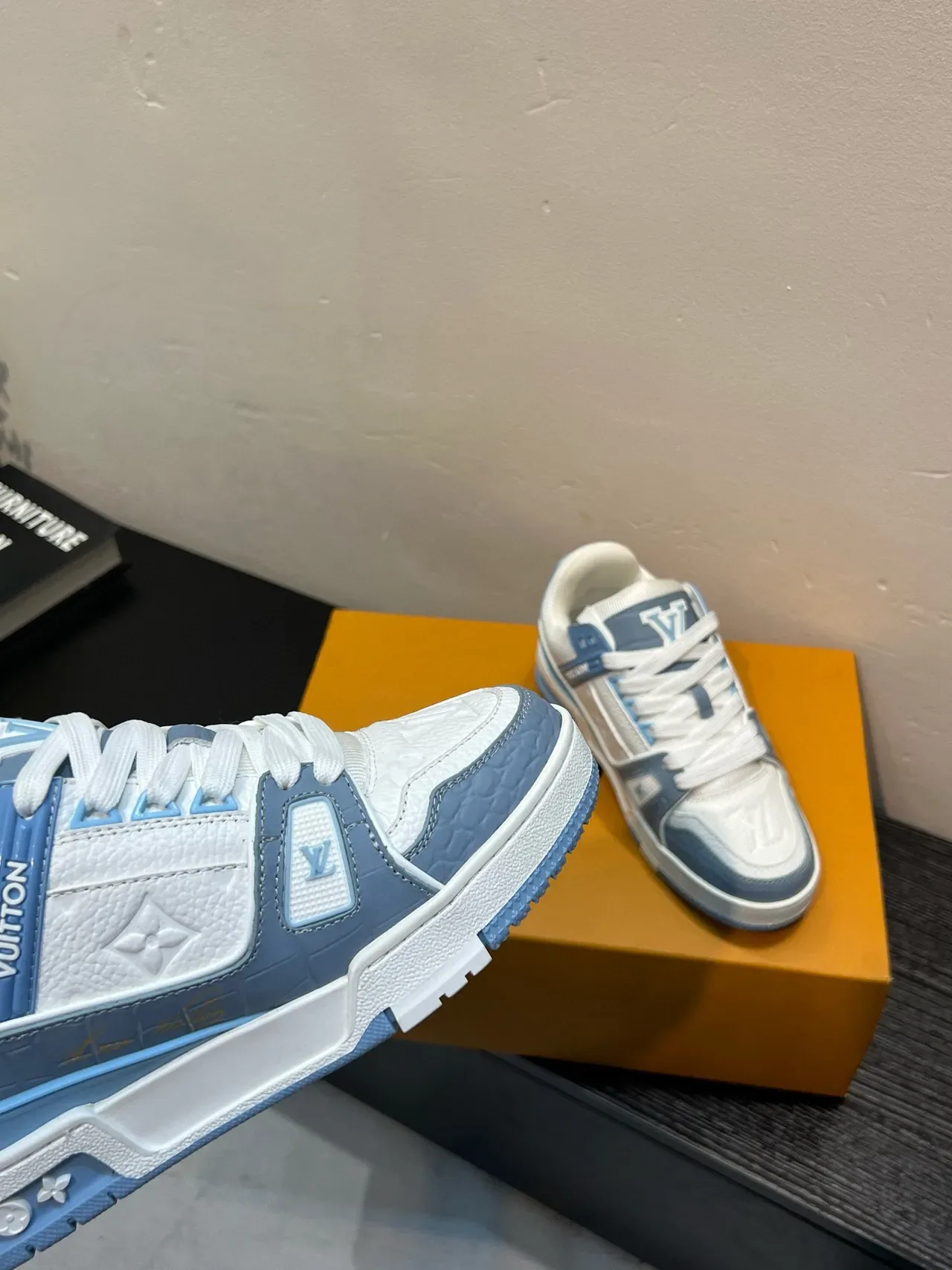 Louis Vuitton LV Trainer White Blue Embossed Monogram Leather Layered Cage Lifestyle Sneakers 7