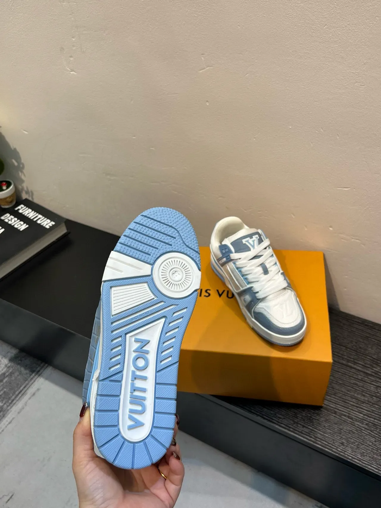 Louis Vuitton LV Trainer White Blue Embossed Monogram Leather Layered Cage Lifestyle Sneakers 8