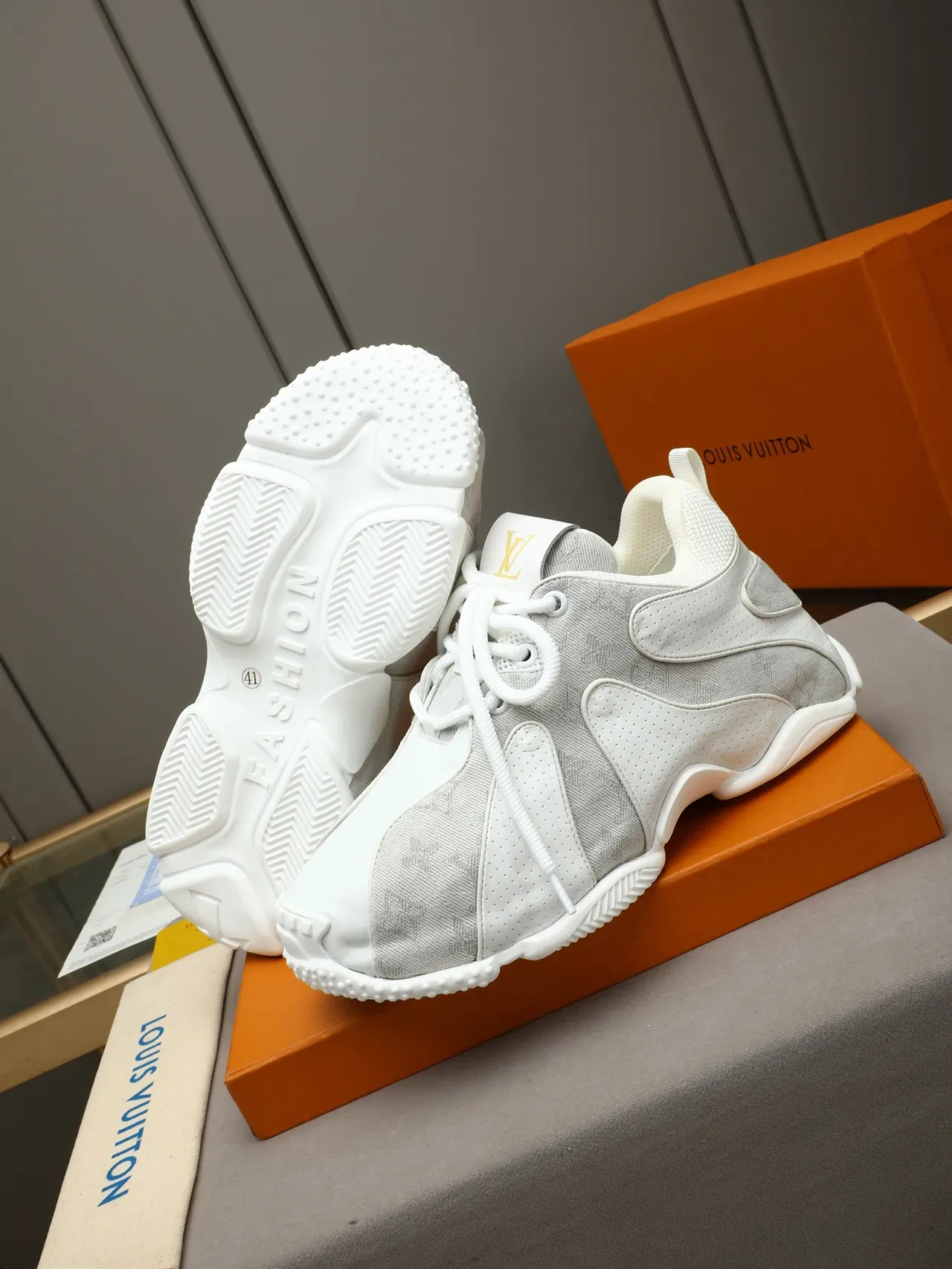 Louis Vuitton LV Trainer White Gray Monogrammed Textile Upper Perforated Panel Construction Lifestyle Sneakers 4