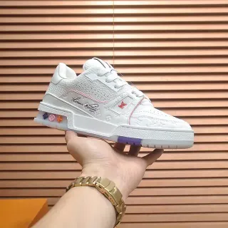 Louis Vuitton LV Trainer White Pink Monogrammed Leather Upper Sculpted Layered Midsole Lifestyle Sneakers