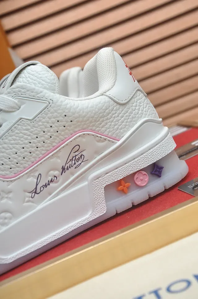 Louis Vuitton LV Trainer White Pink Monogrammed Leather Upper Sculpted Layered Midsole Lifestyle Sneakers 2