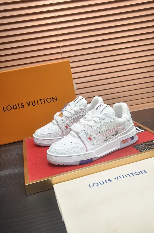 Louis Vuitton LV Trainer White Pink Monogrammed Leather Upper Sculpted Layered Midsole Lifestyle Sneakers 4
