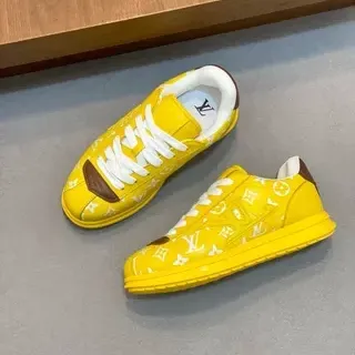 Louis Vuitton LV Trainer amarillo marrón monograma impreso cuero low top cordones zapatillas lifestyle