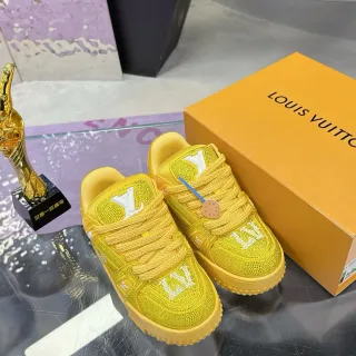 Louis Vuitton LV Trainer Zapatillas Lifestyle Amarillo Blanco Cristal-Embellished Malla Cordon-Trenza