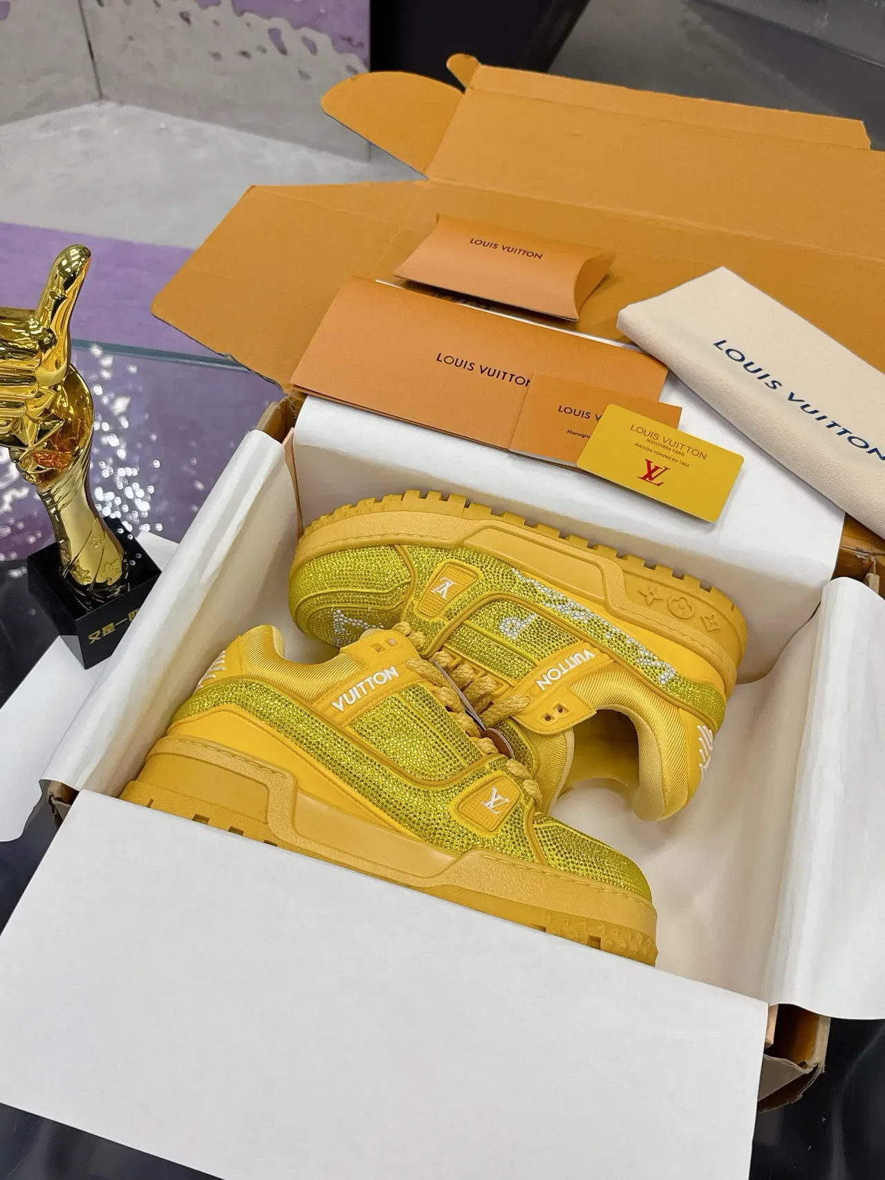 Louis Vuitton LV Trainer Yellow White Crystal-Embellished Mesh Rope-Lace Lifestyle Sneakers 2