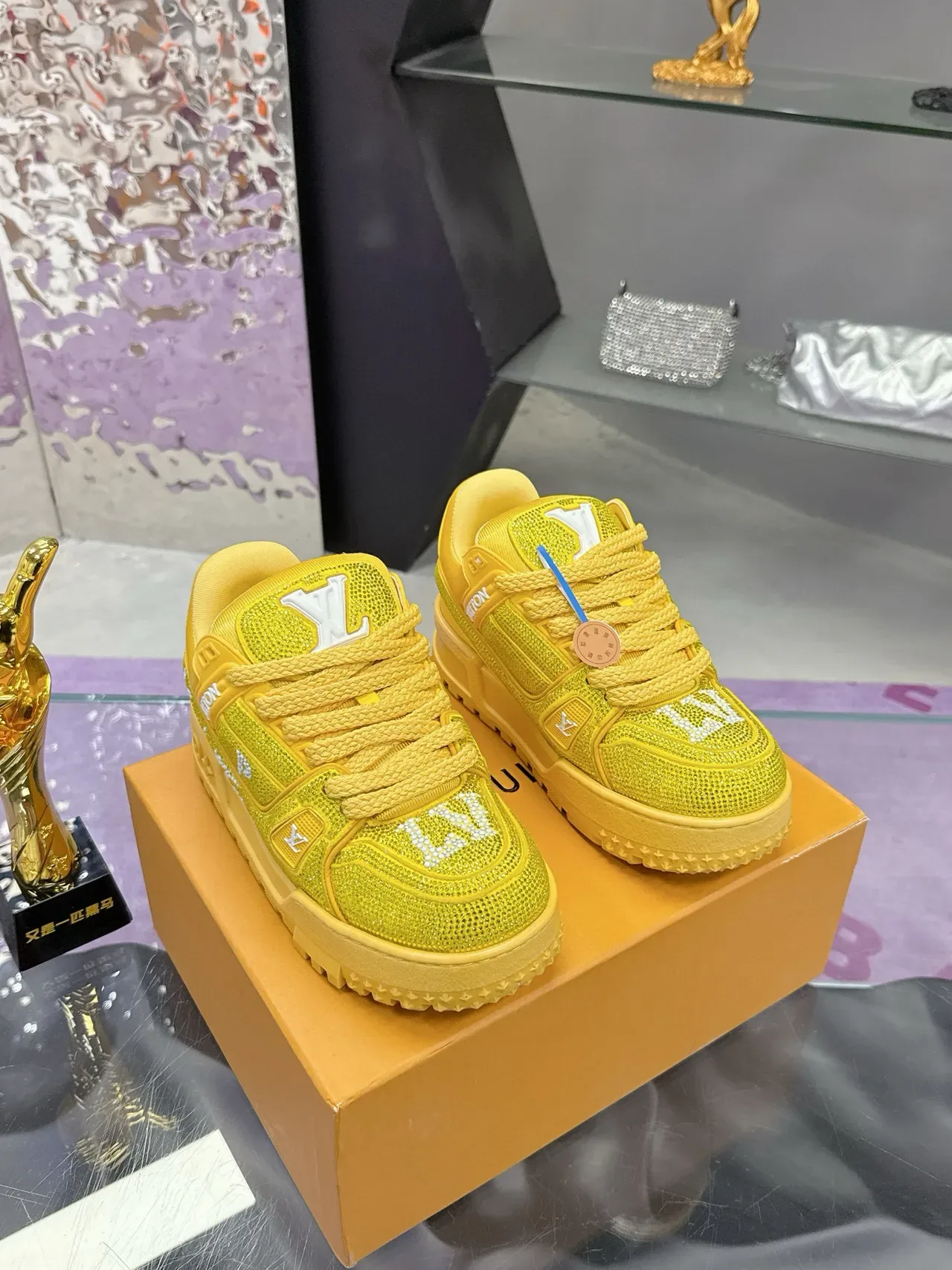 Louis Vuitton LV Trainer Yellow White Crystal-Embellished Mesh Rope-Lace Lifestyle Sneakers 3