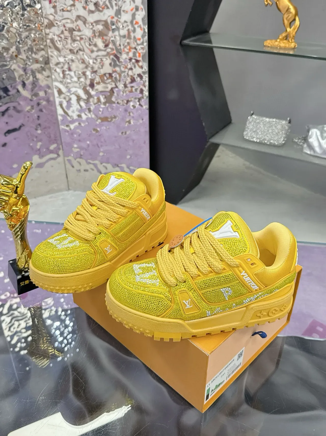 Louis Vuitton LV Trainer Yellow White Crystal-Embellished Mesh Rope-Lace Lifestyle Sneakers 4