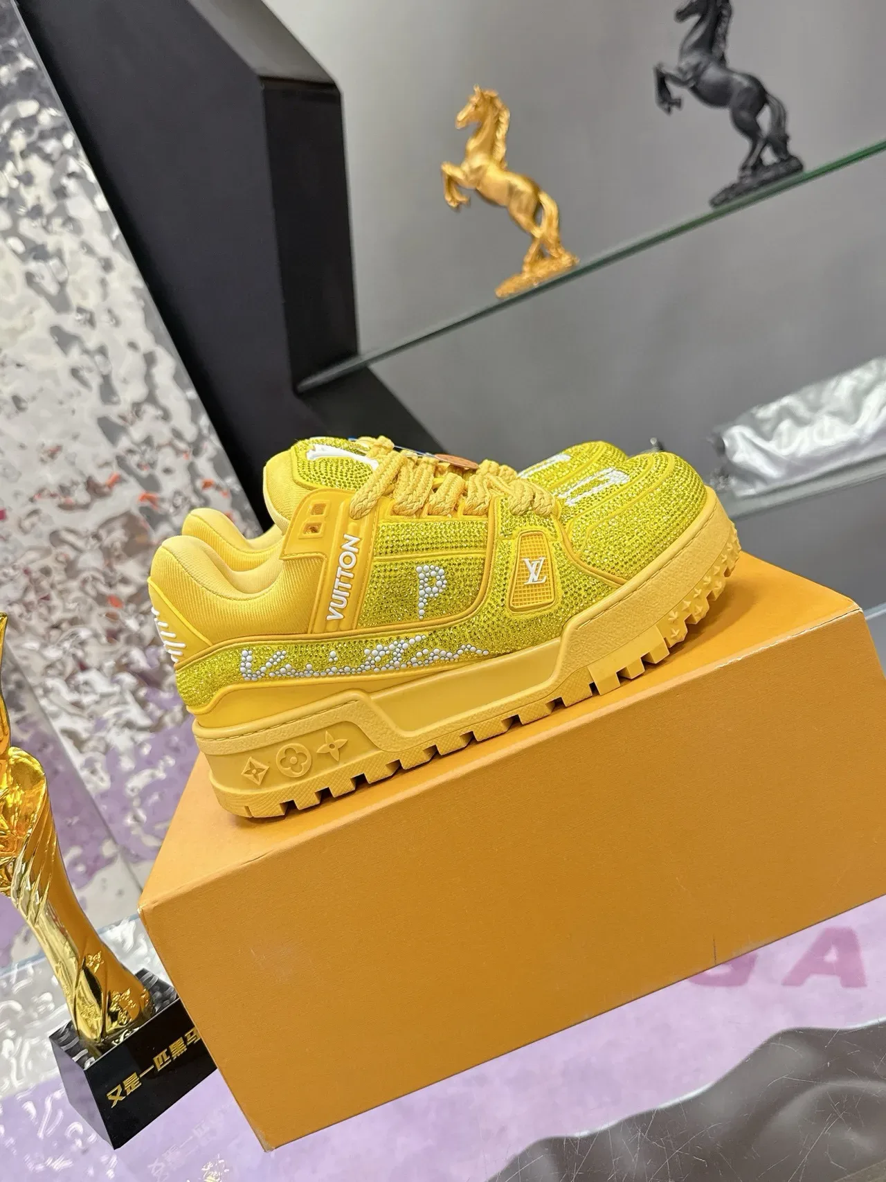 Louis Vuitton LV Trainer Yellow White Crystal-Embellished Mesh Rope-Lace Lifestyle Sneakers 5