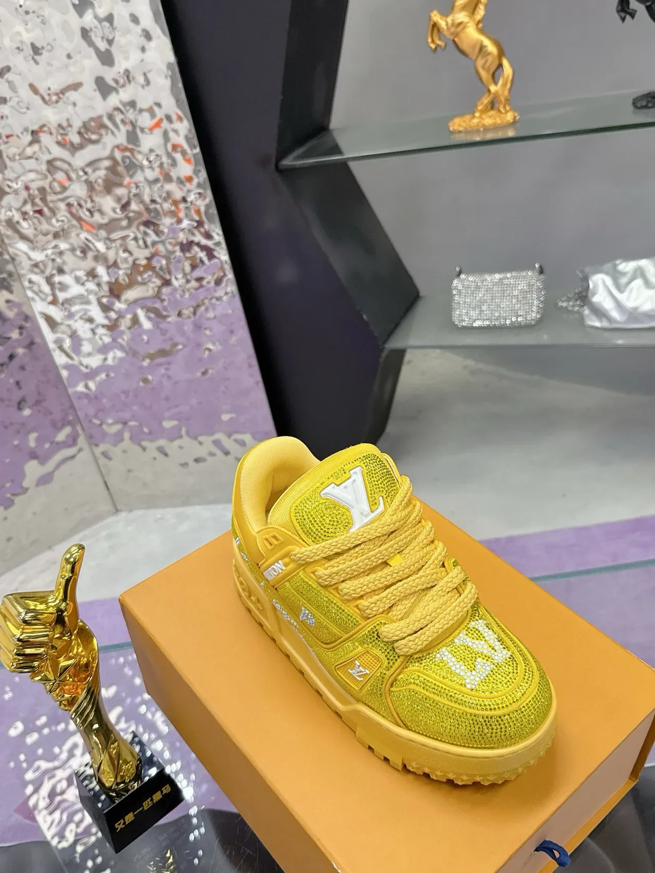 Louis Vuitton LV Trainer Yellow White Crystal-Embellished Mesh Rope-Lace Lifestyle Sneakers 6