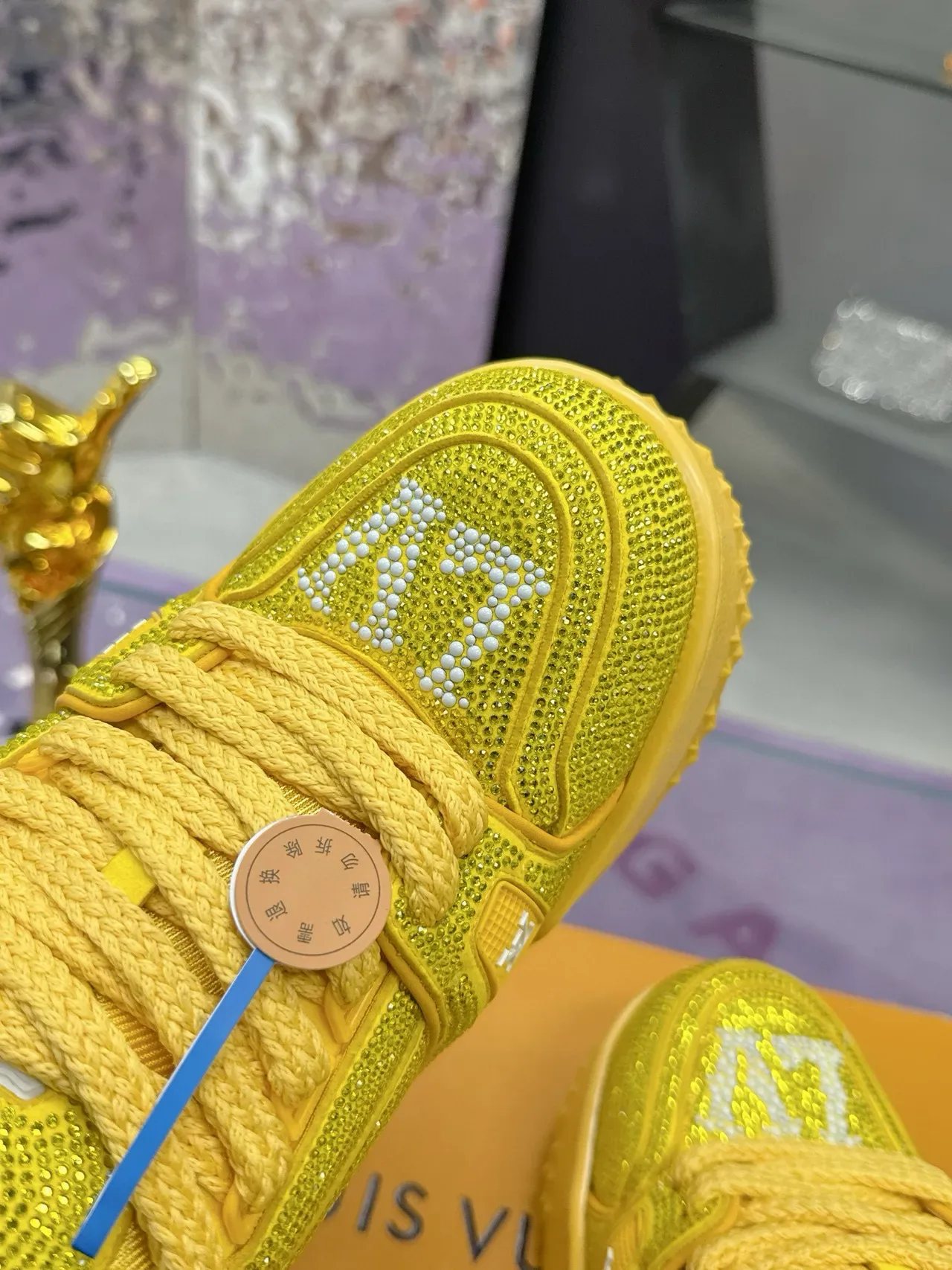 Louis Vuitton LV Trainer Yellow White Crystal-Embellished Mesh Rope-Lace Lifestyle Sneakers 7