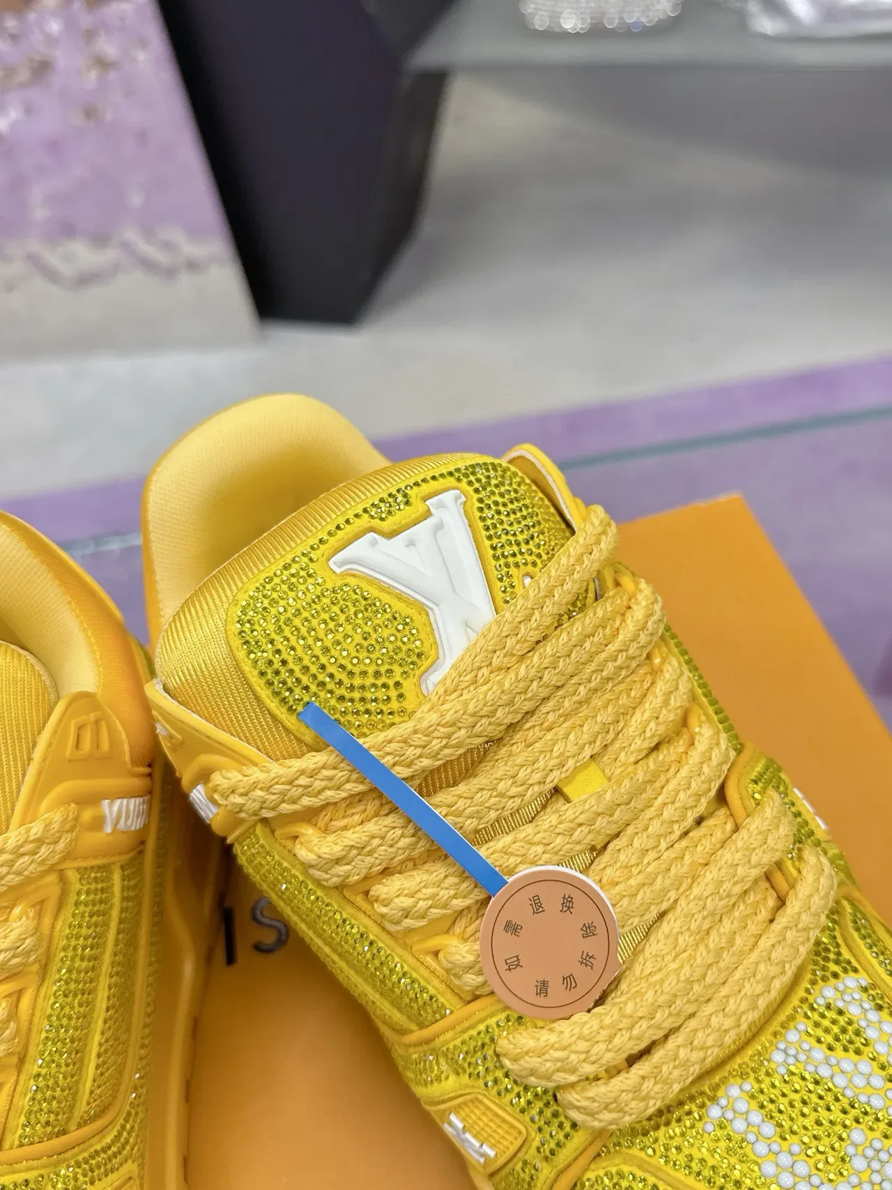 Louis Vuitton LV Trainer Yellow White Crystal-Embellished Mesh Rope-Lace Lifestyle Sneakers 8
