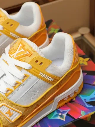 Louis Vuitton LV Trainer Yellow White Monogrammed Textile Overlays Dual Straps Lifestyle Sneakers 2