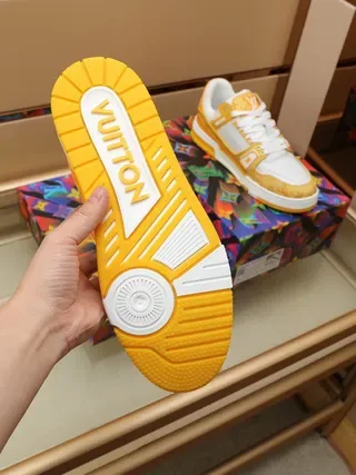 Louis Vuitton LV Trainer Yellow White Monogrammed Textile Overlays Dual Straps Lifestyle Sneakers 3