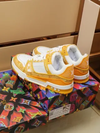 Louis Vuitton LV Trainer Yellow White Monogrammed Textile Overlays Dual Straps Lifestyle Sneakers 4