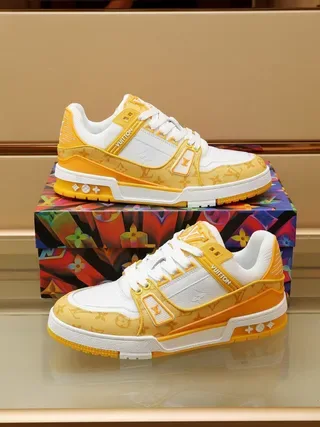 Louis Vuitton LV Trainer Yellow White Monogrammed Textile Overlays Dual Straps Lifestyle Sneakers 6