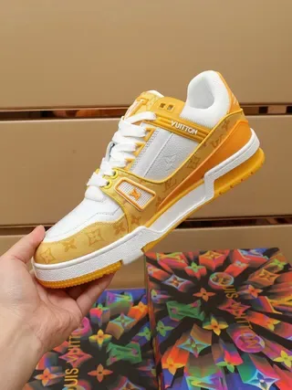Louis Vuitton LV Trainer Yellow White Monogrammed Textile Overlays Dual Straps Lifestyle Sneakers 7