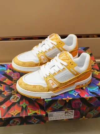 Louis Vuitton LV Trainer Yellow White Monogrammed Textile Overlays Dual Straps Lifestyle Sneakers 8