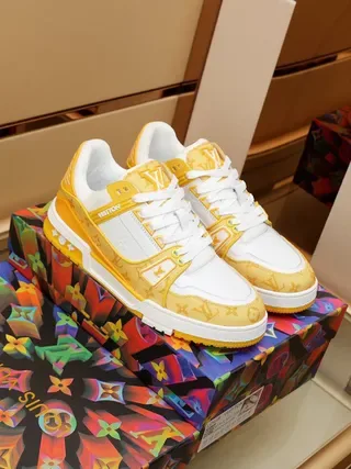 Louis Vuitton LV Trainer Yellow White Monogrammed Textile Overlays Dual Straps Lifestyle Sneakers 9
