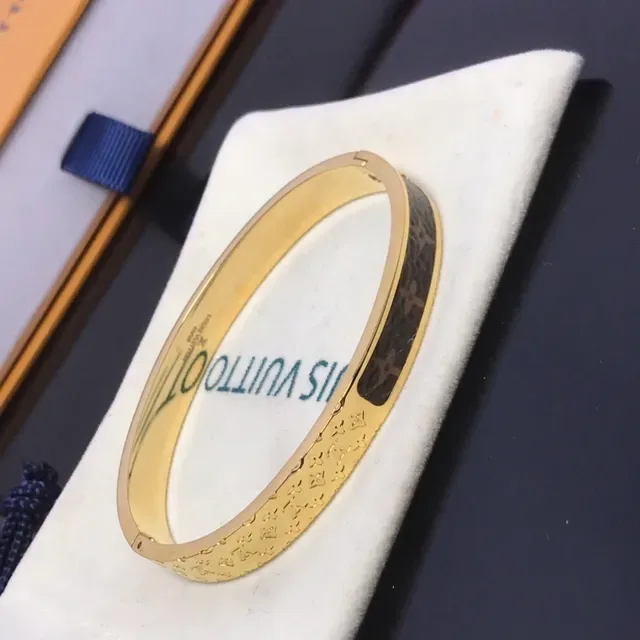 Louis Vuitton Monogram Bangle Gold Brown Metal Inlay Bracelet 2