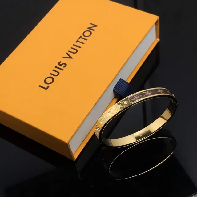 Louis Vuitton Monogram Bangle Gold Brown Metal Inlay Bracelet 3
