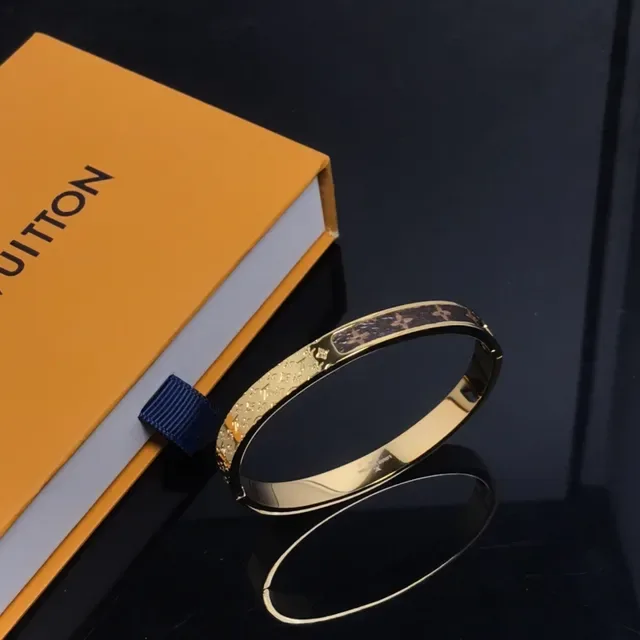 Louis Vuitton Monogram Bangle Gold Brown Metal Inlay Bracelet 4