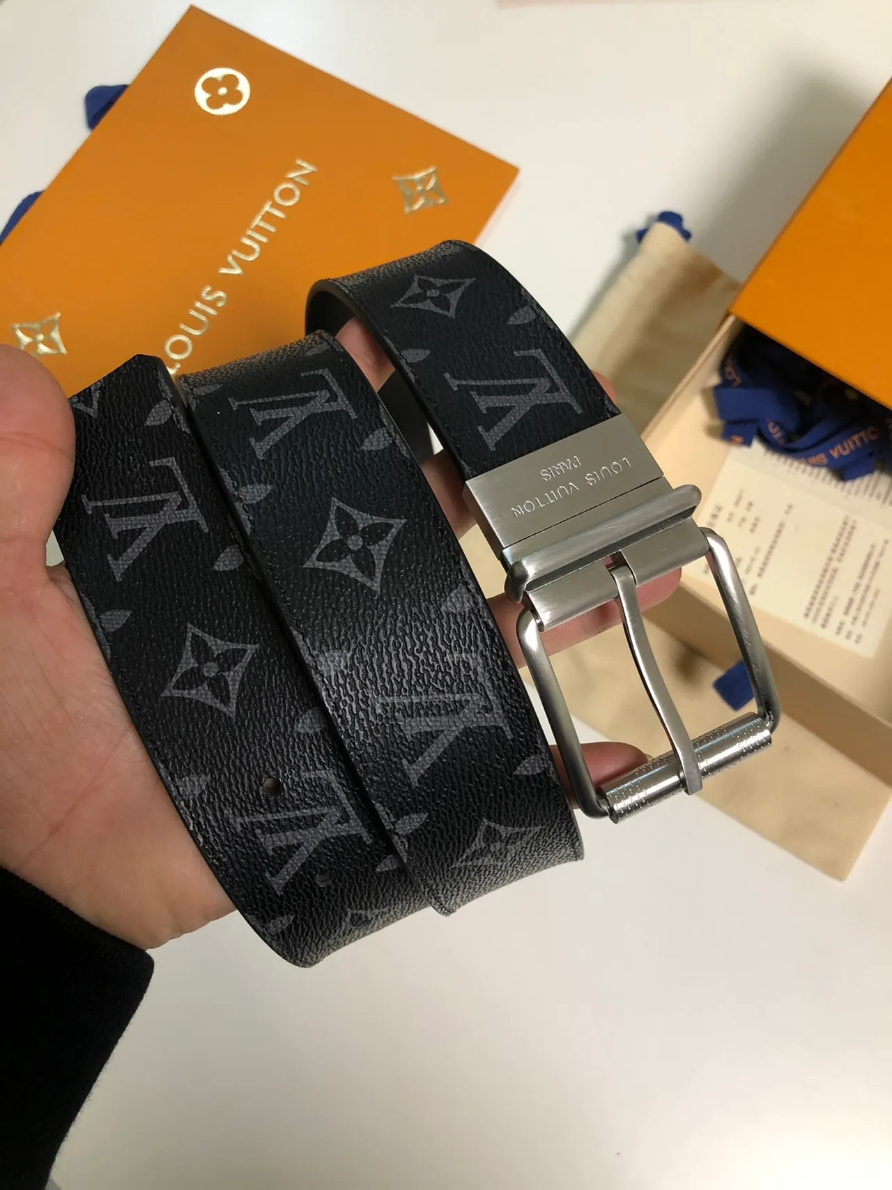Cinto Louis Vuitton Monogram Preto Prata Tela Reversible Fivela Cinto de Couro 2
