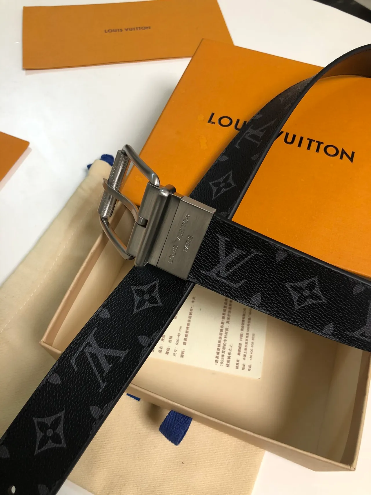Cinto Louis Vuitton Monogram Preto Prata Tela Reversible Fivela Cinto de Couro 4
