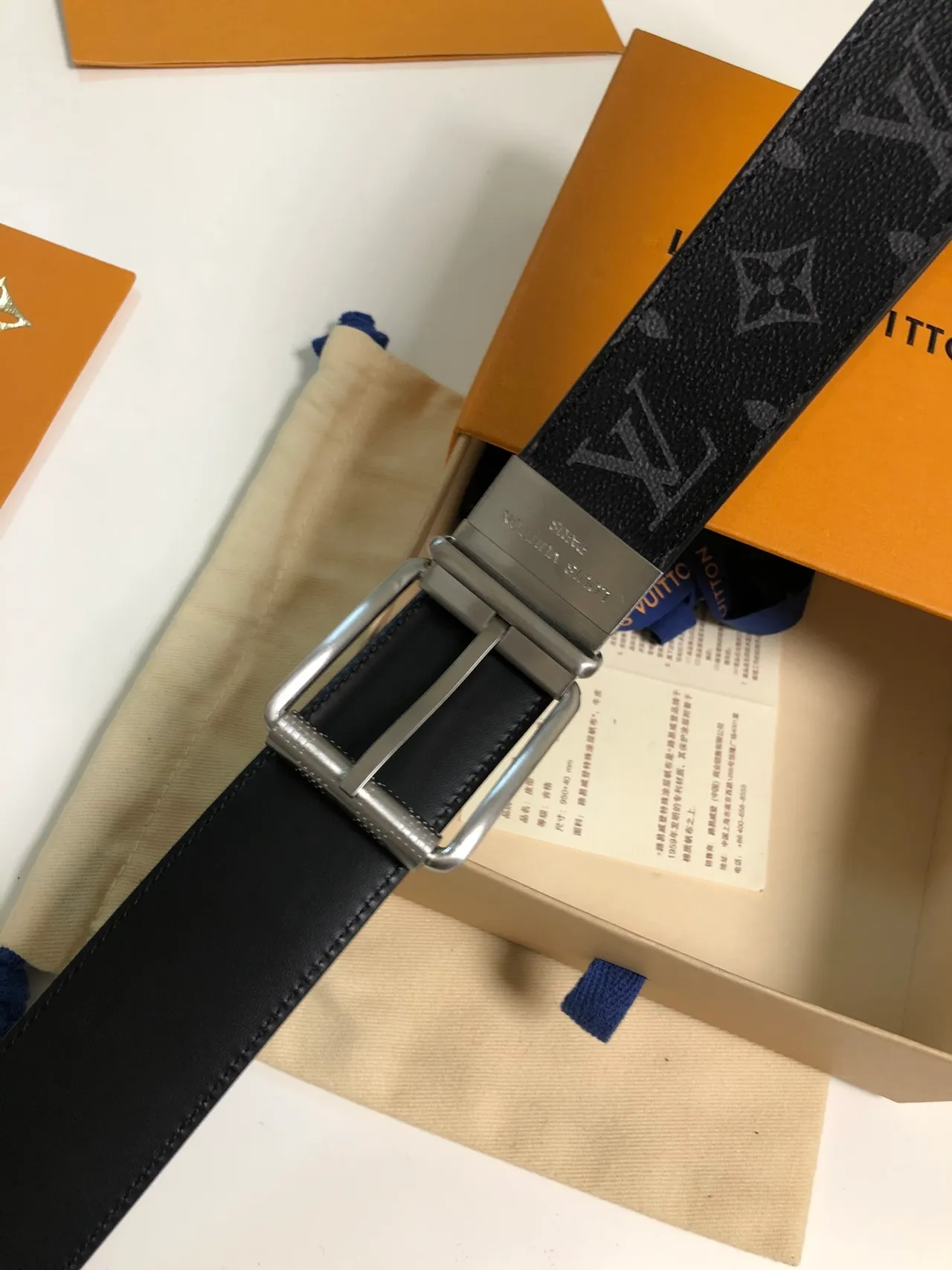 Cinto Louis Vuitton Monogram Preto Prata Tela Reversible Fivela Cinto de Couro 5