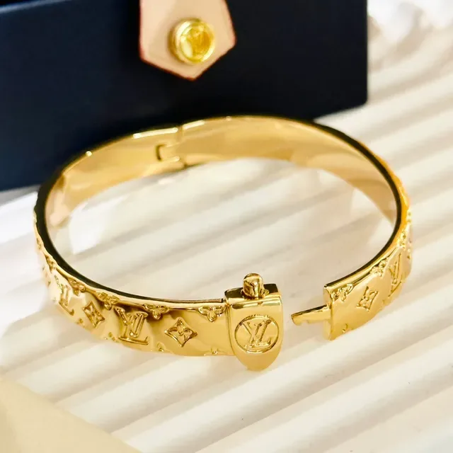 Louis Vuitton Monogram Bracelet Gold Hinged Bangle Bracelet 6