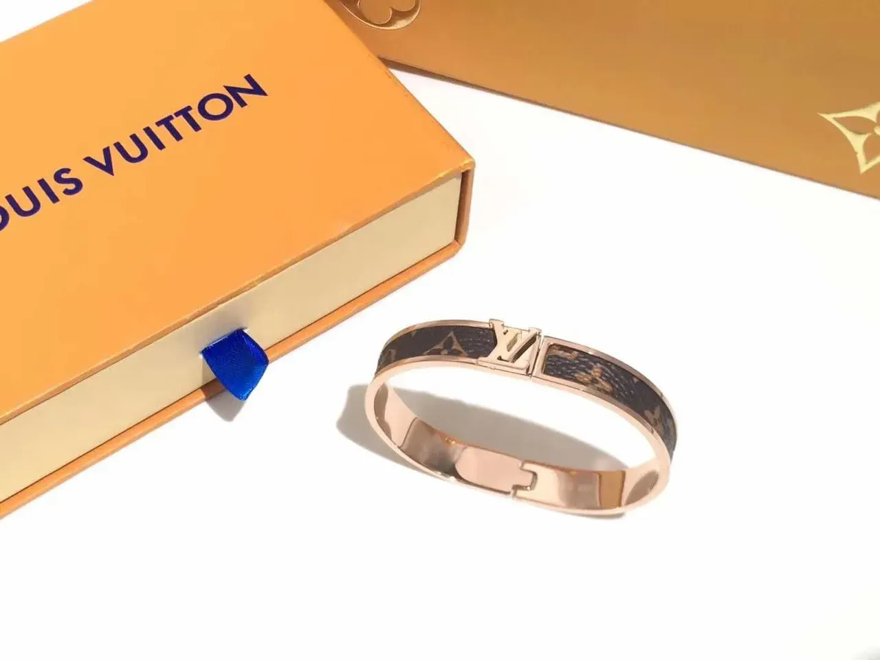 Louis Vuitton Monogram Canvas Bangle Brown Gold Hinged Bracelet 7