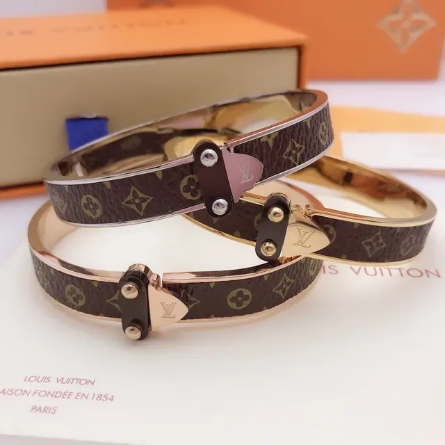 Louis Vuitton Monogram Canvas Bangle Brown Gold Rose Metal Bracelet 2
