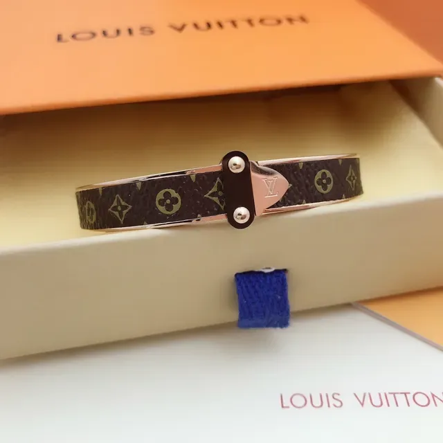 Louis Vuitton Monogram Canvas Bangle Brown Gold Rose Metal Bracelet 3