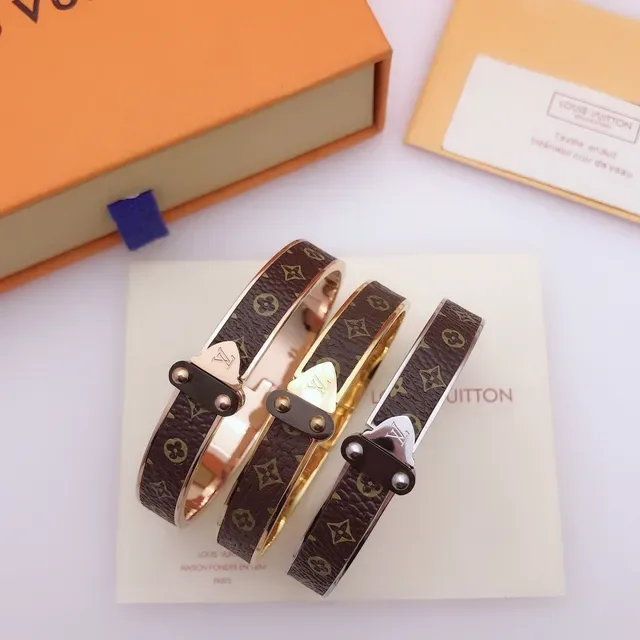 Louis Vuitton Monogram Canvas Bangle Brown Gold Rose Metal Bracelet 6