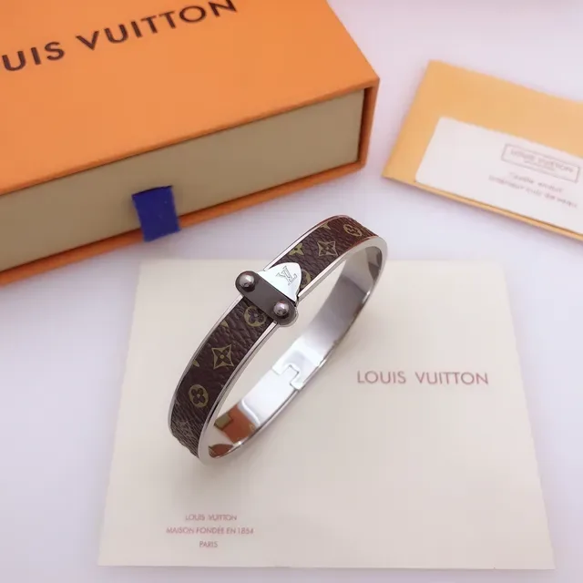 Louis Vuitton Monogram Canvas Bangle Brown Gold Rose Metal Bracelet 7