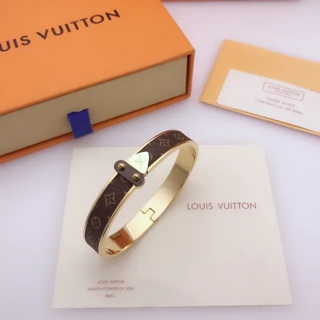 Louis Vuitton Monogram Canvas Bangle Brown Gold Rose Metal Bracelet 8