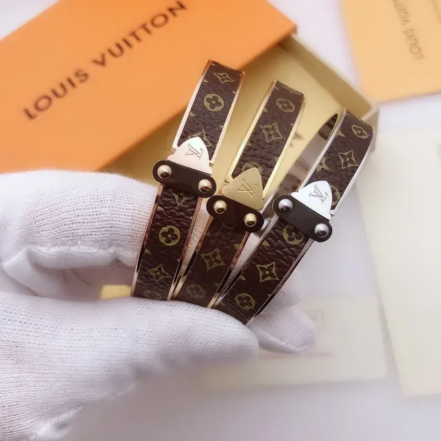 Louis Vuitton Monogram Canvas Bangle Brown Gold Rose Metal Bracelet 9