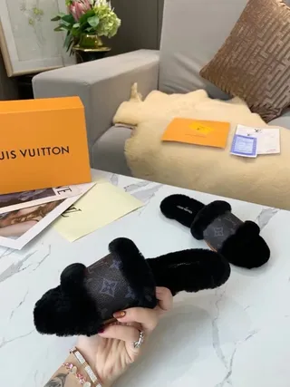 Louis Vuitton Monogram Canvas Black Fur Trim Slippers 2