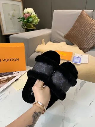 Louis Vuitton Monogram Canvas Black Fur Trim Slippers 3