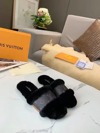 Louis Vuitton Monogram Canvas Black Fur Trim Slippers 4
