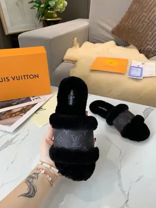Louis Vuitton Monogram Canvas Black Fur Trim Slippers 6