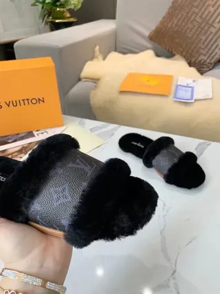 Louis Vuitton Monogram Canvas Black Fur Trim Slippers 7