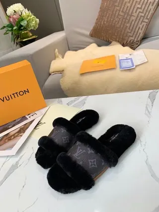 Louis Vuitton Monogram Canvas Black Fur Trim Slippers 8