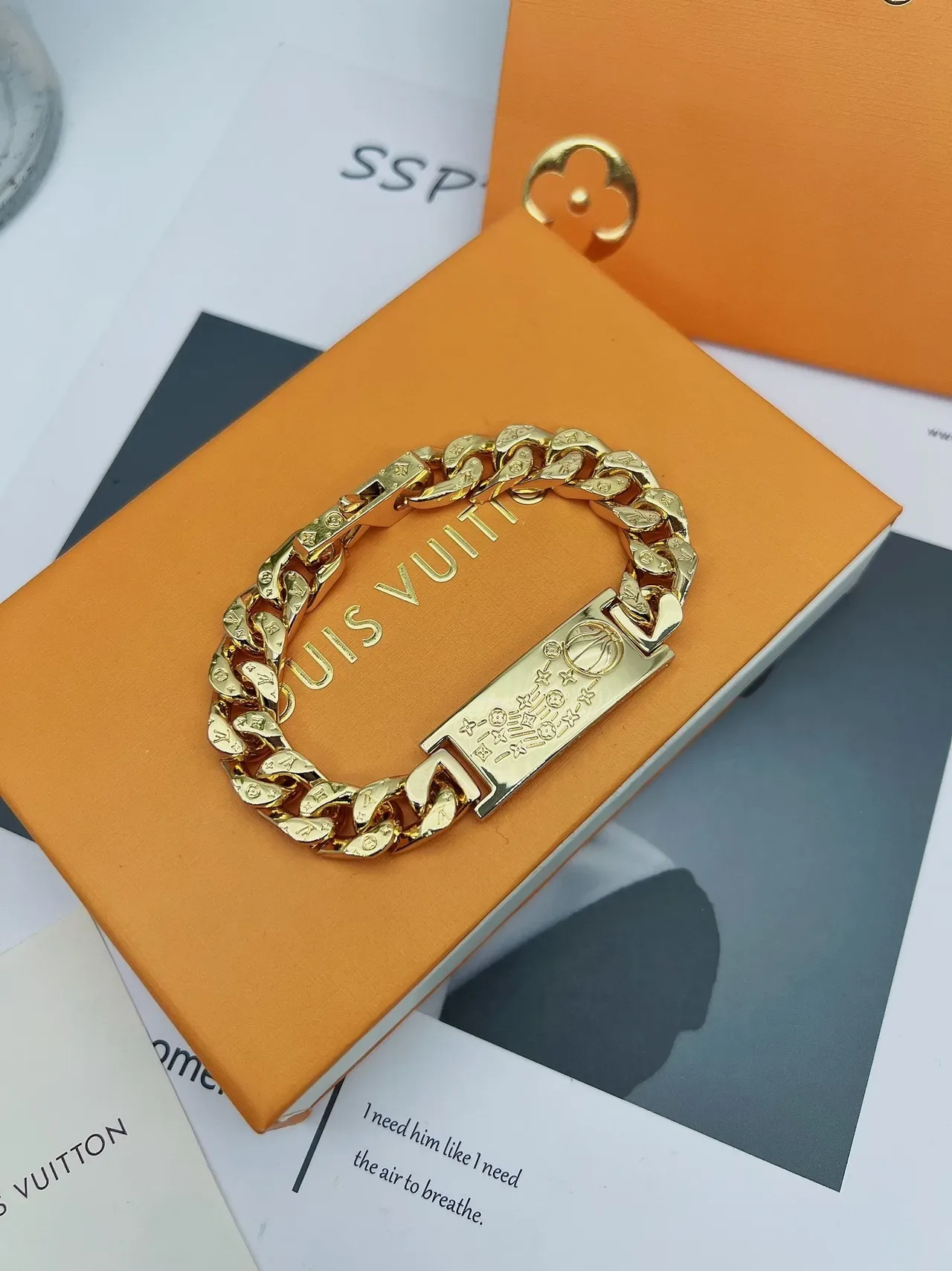 Louis Vuitton Monogram Chain Gold-Tone Curb Link Bracelet 6