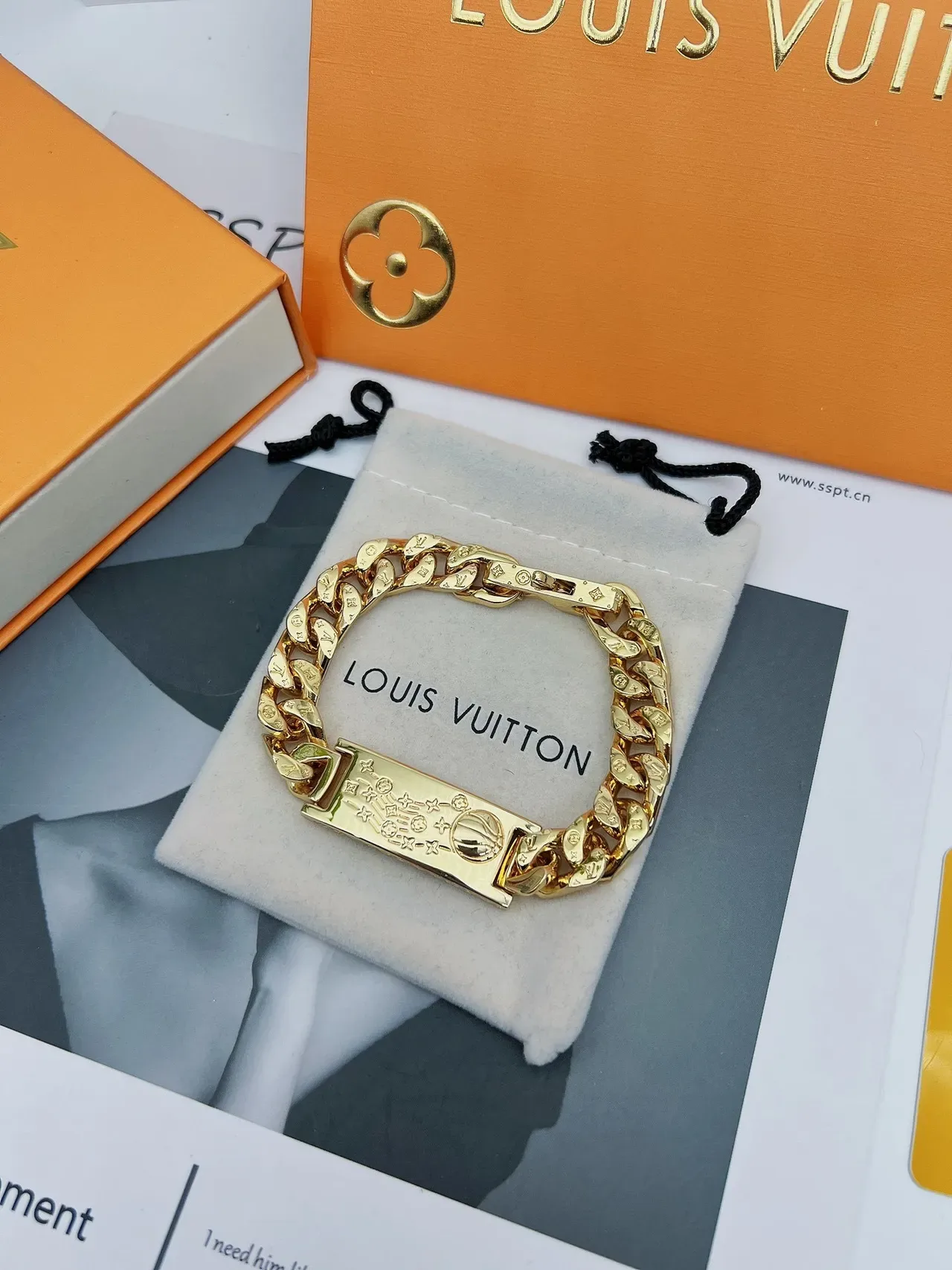 Louis Vuitton Monogram Chain Gold-Tone Curb Link Bracelet 8