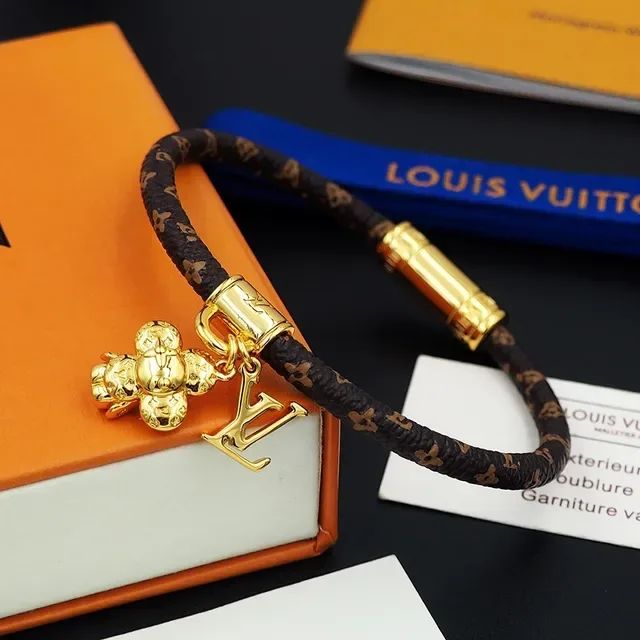Louis Vuitton Monogram Cord Bracelet Brown Gold Braided Cylindrical Clasp Bracelet 5